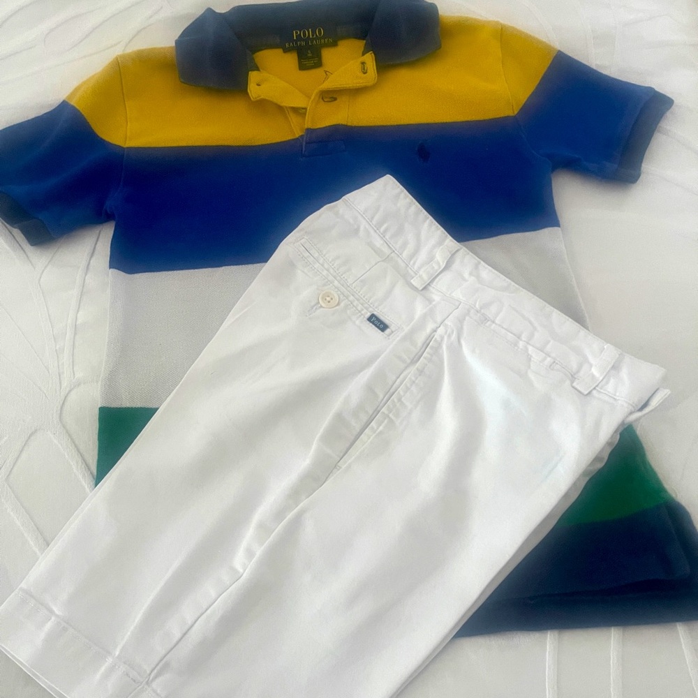 Ralph Lauren kids multicoloured Shirt and white short…used.       2 items